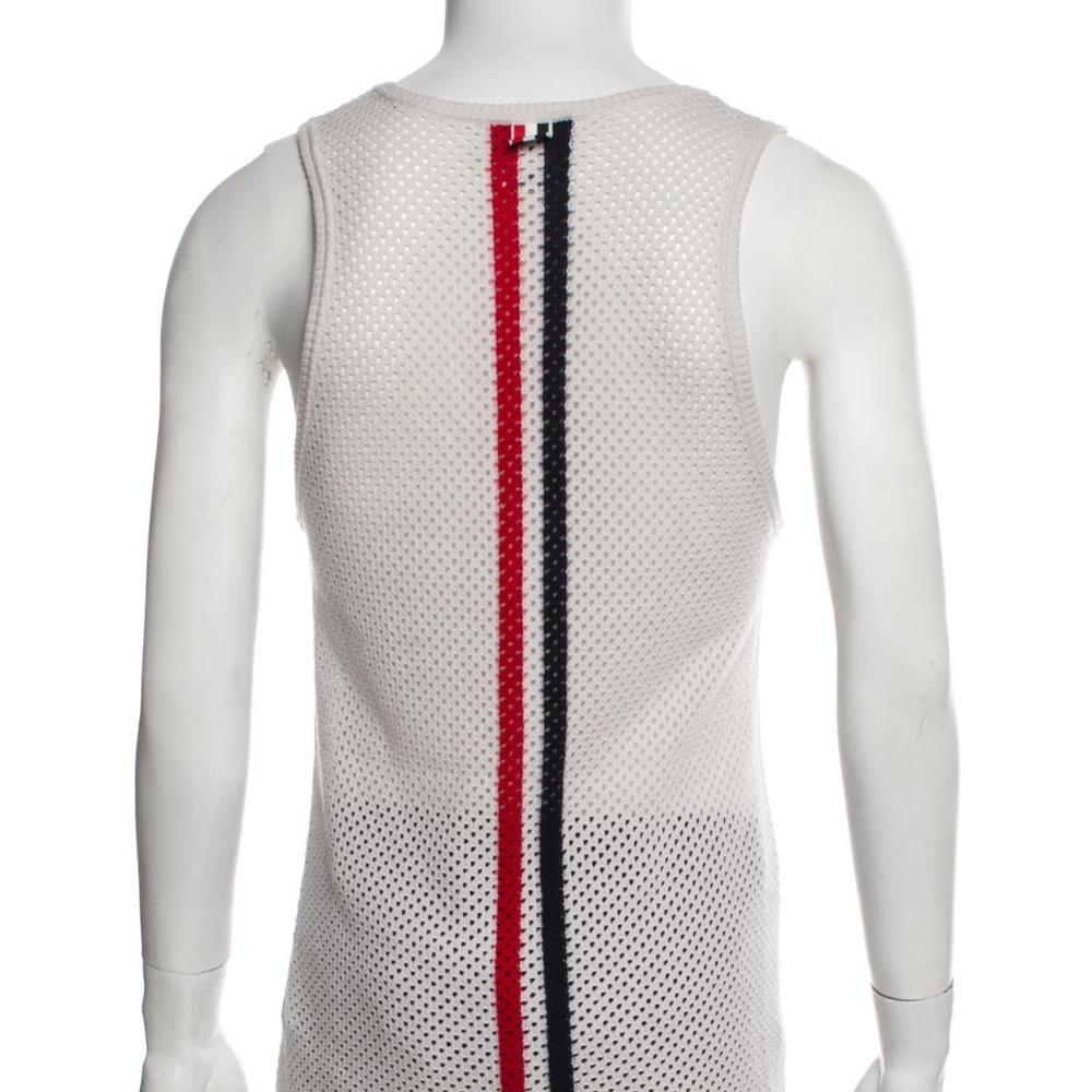 Thom Browne White Mesh Tank Top with Red and Blue Stripe